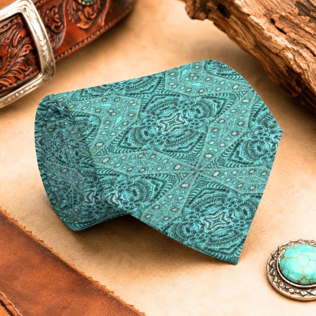Gravata couro trabalhado turquesa azul ocidental (teal turquoise western country Tooled Leather Neck Tie)