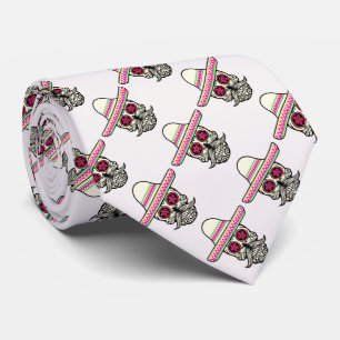 Gravata Crânio com bigode e sombrero cor-de-rosa