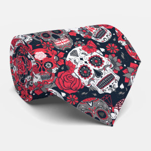 Gravata crânio de açúcar vermelho padrão floral ornamental