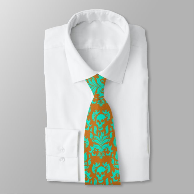 Gravata Crânio Flame Damask em verde tóxico em laranja (Amarrado)