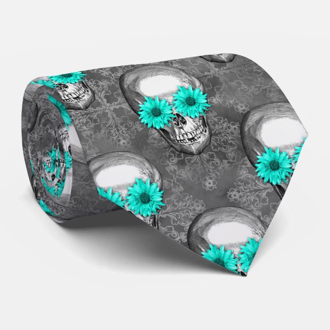 Gravata Crânios Turquesa e Série de Girassóis Design 9 (Rolled)