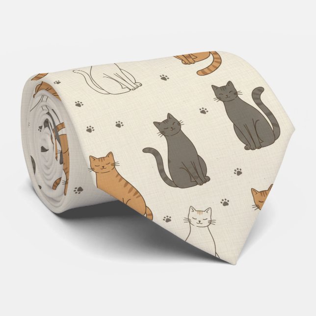 Gravata Cream Kitty & Paw Print  (Rolled)