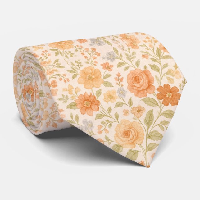 Gravata Cream & Peach Floral Pattern (Rolled)