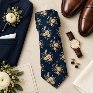 Gravata Creme Chinoiserie Pássaro e Peônia em Azul Índigo