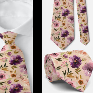 Gravata Creme Roxo Pincel Cor de Água Pescoço Floral Rosa