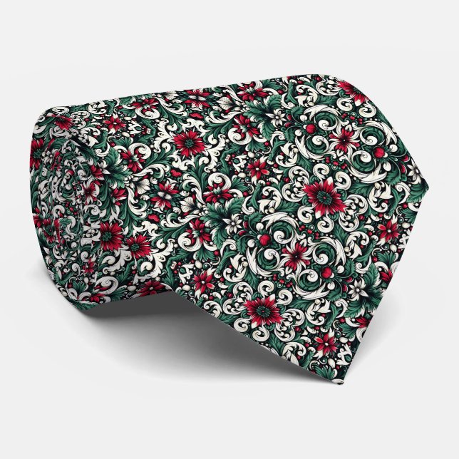 Gravata Crimson Red, Hunter Green, Black, & Ivory Floral  (Rolled)