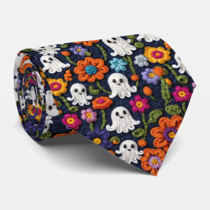 Gravata Crochet Olha Fantasmas do Halloween e Floral Laran