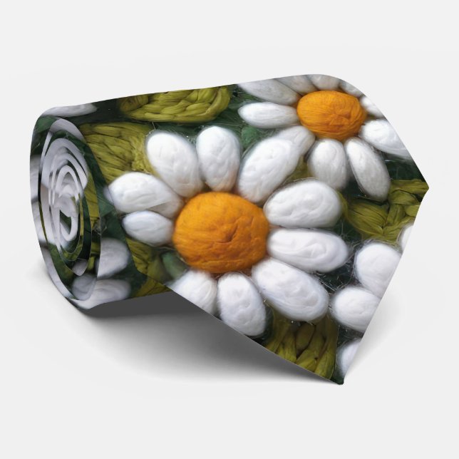 Gravata Crochet White Daisies Spring Wildflowers (Rolled)