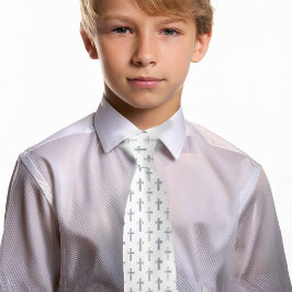 Gravata Cross Faux Silver Foil Religião Primeira Comunhão