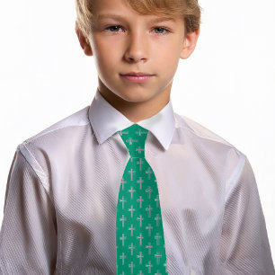 Gravata Cruz Católica Esmeralda Verde Falso Prata Comunhão