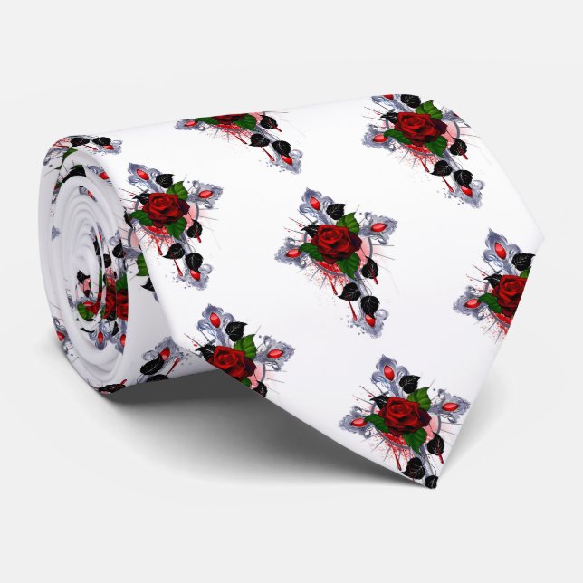 Gravata Cruz de Prata com Rosa vermelha (Rolled)