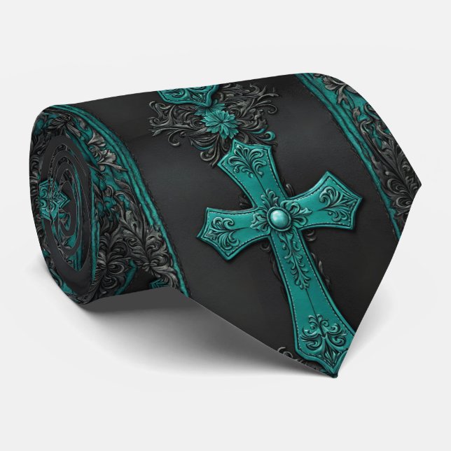 Gravata Cruz Teal Religiosa Cristã Ocidental (Rolled)