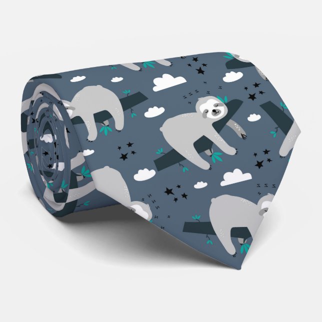 Gravata cute adorable gray sloth pattern blue background (Rolled)