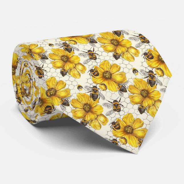 Gravata Cute floral bee tiled pattern  (Rolled)