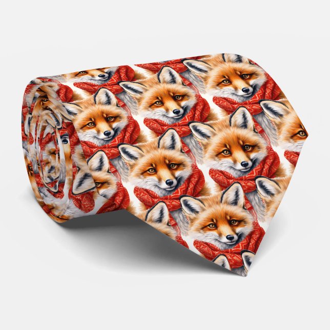 Gravata Cute Fox in a Red Scarf Autumn Image Pattern (Rolled)