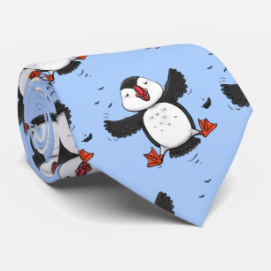 Gravata Cute happy flying puffin blue cartoon illustration