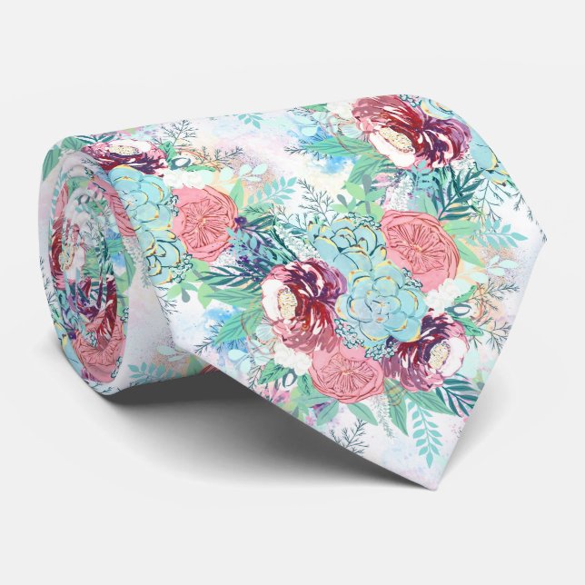 Gravata Cute Pink Mint Peony & Succulent Floral Hand Paint (Rolled)