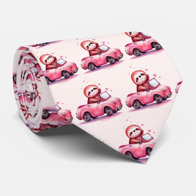 Gravata Cute Sloth Driving a Pink Convertible Pattern (Rolled)