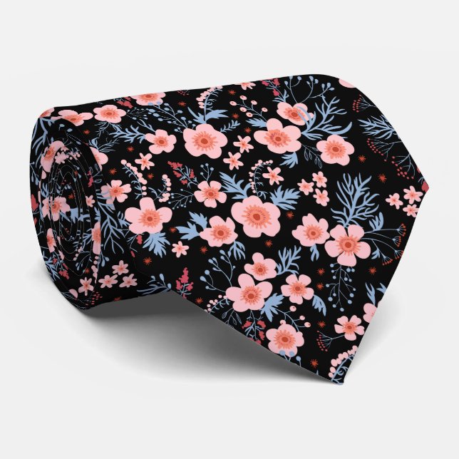 Gravata Cute small pink floral with black background (Rolled)