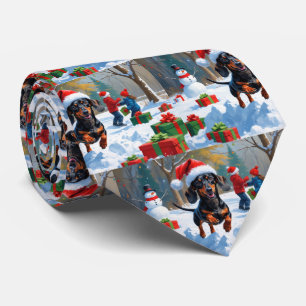 Gravata Dachshund Correndo na Neve com Chapéu de Natal