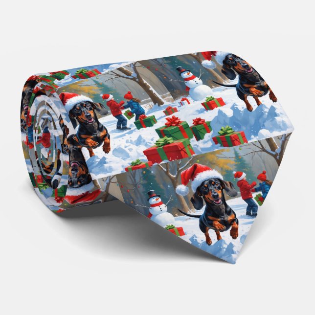 Gravata Dachshund Correndo na Neve com Chapéu de Natal (Rolled)