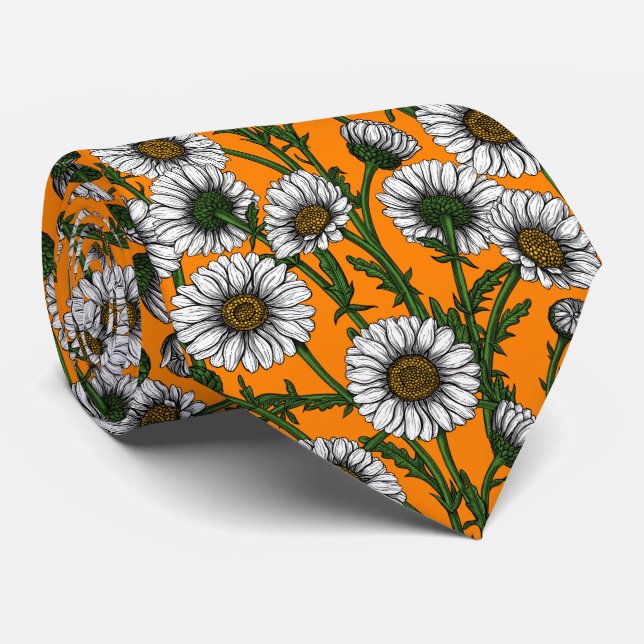 Gravata Daisies on orange neck tie (Rolled)