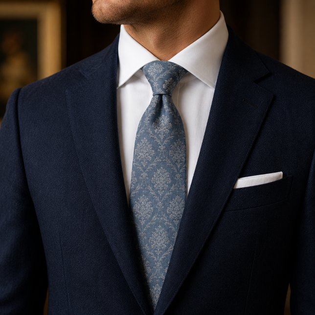 Gravata Damasco Floral Azul Poeirento (Criador carregado)