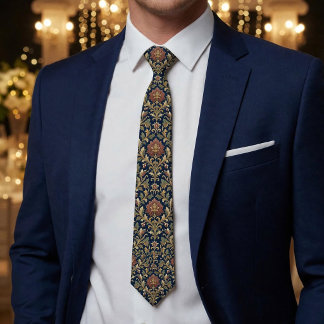 Gravata Damasco Floral Paisley Dourado Azul-Marinho