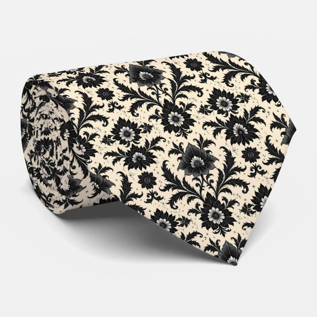 Gravata Damasco Preto em Sépia (Rolled)
