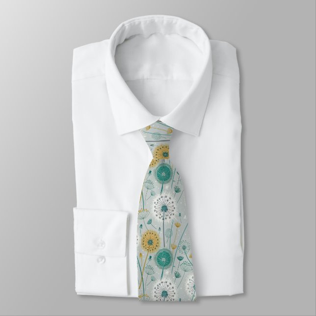 Gravata Dandelion Whimsical - Amarelo, Branco e Teal (Amarrado)