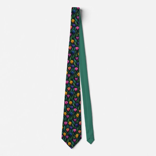 Gravata Dark Colorful Tulip Floral Pattern (Frente)