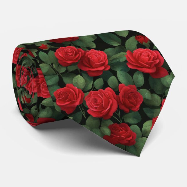 Gravata Dark Elegant Red Rose Pattern (Rolled)