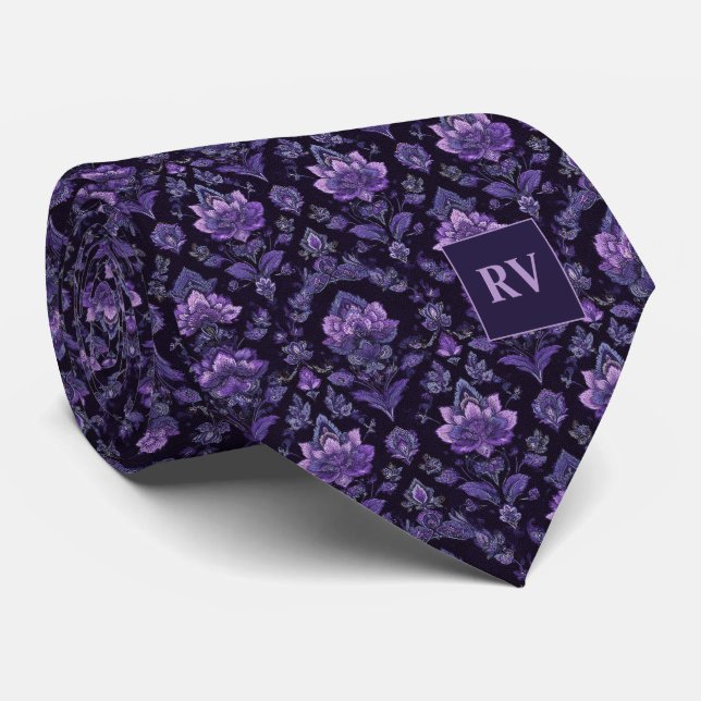 Gravata Dark Purple Victorian Floral (Rolled)