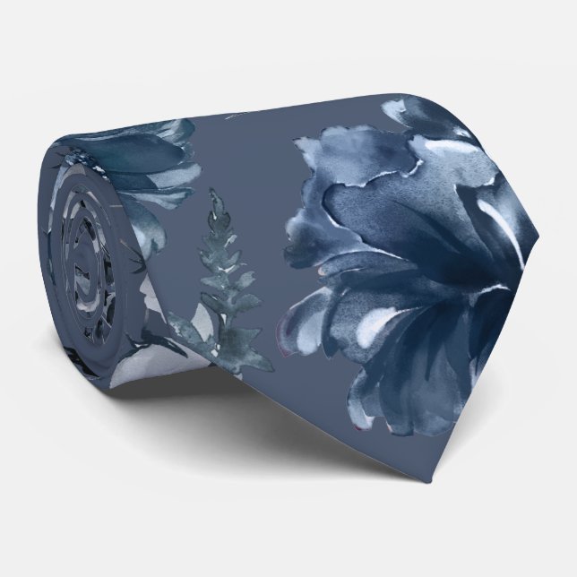 Gravata de casamento azul marinho com flores de ja (Rolled)