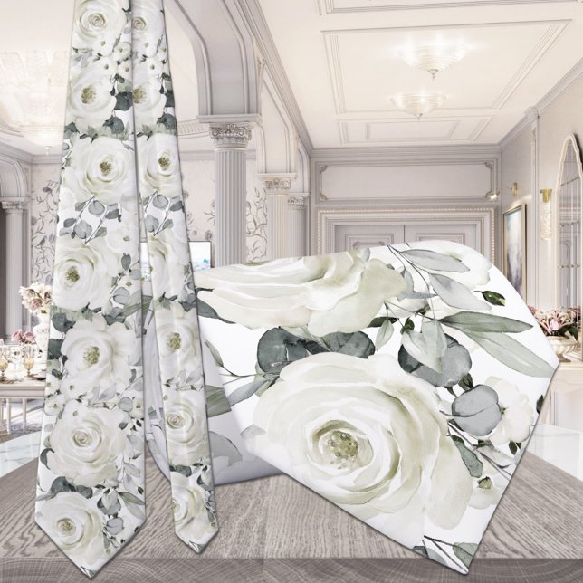 Gravata de casamento floral verde prateado branco (Criador carregado)