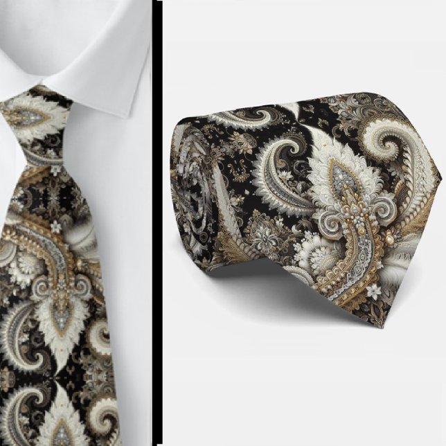 Gravata de Lace Paisley com Diamante Preto Branco  (Criador carregado)