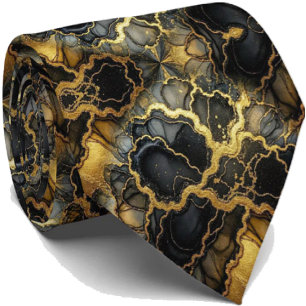Gravata de Luxo Formal Preto e Dourado Mármore