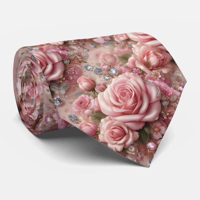 Gravata de Luxo para Casamento | Rosas Cor-de-Rosa (Rolled)