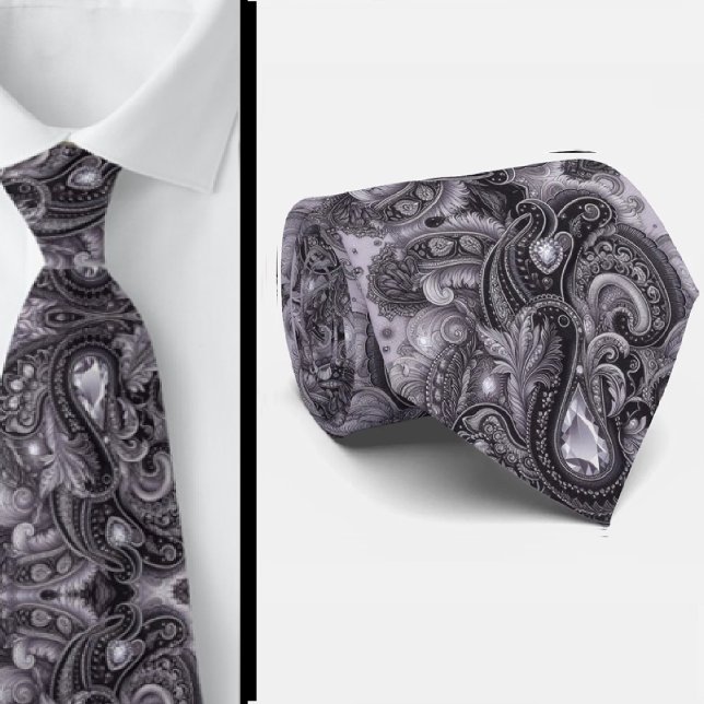 Gravata de Luxo Preta com Lavanda Paisley e Diaman (Criador carregado)