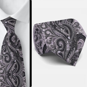 Gravata de Luxo Preta com Lavanda Paisley e Diaman