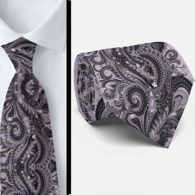Gravata de Luxo Preta com Lavanda Paisley e Diaman (Criador carregado)