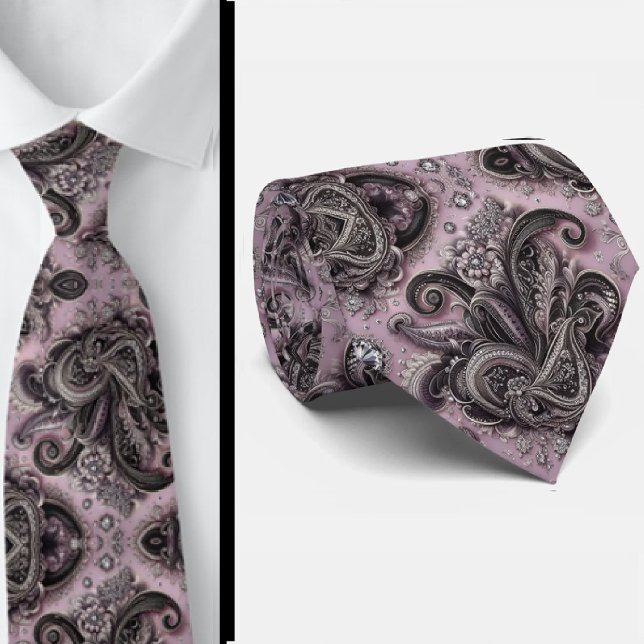 Gravata de Luxo Preta com Lavanda Paisley e Diaman (Criador carregado)