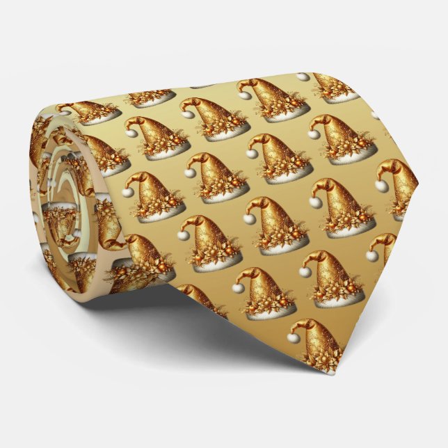 Gravata de Natal com Chapéu de Papai Noel Dourado (Rolled)
