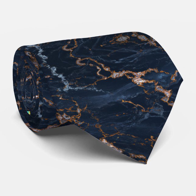 Gravata de Pescoço Azul Marinho com Folha de Ouro  (Rolled)