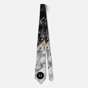 Gravata de Pescoço de Mármore Preto e Branco com L