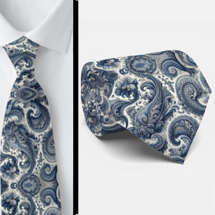 Gravata de Pescoço Paisley Azul e Branco Premium
