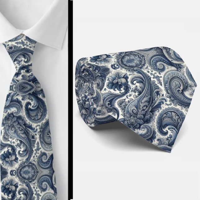 Gravata de Pescoço Paisley Azul e Branco Premium (Criador carregado)