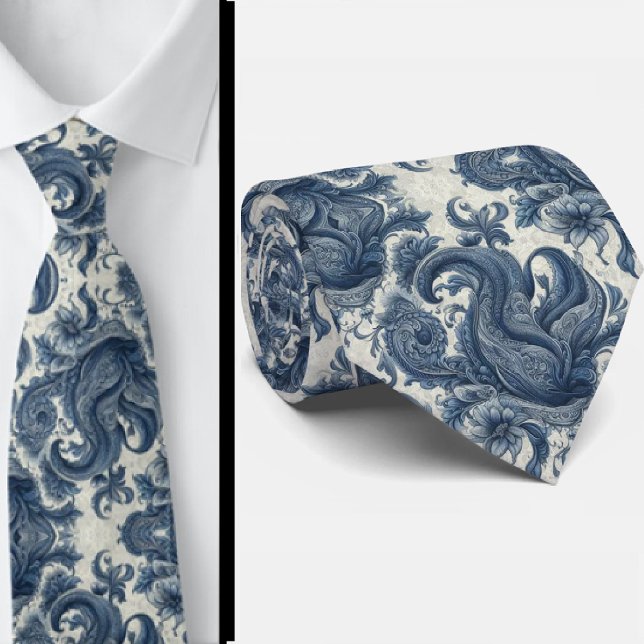 Gravata de Pescoço Paisley Azul e Branco Premium (Criador carregado)