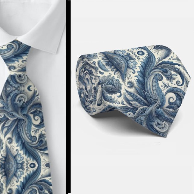 Gravata de Pescoço Paisley Azul e Branco Premium (Criador carregado)