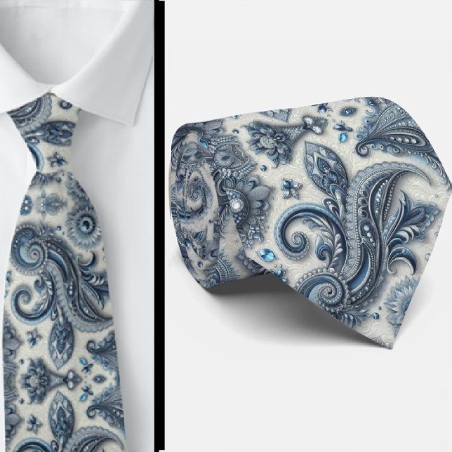 Gravata de Pescoço Paisley em Azul e Branco com Di (Criador carregado)